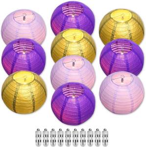 lot 1353 image: Chinese Paper Lanterns - Pack of 10, 10-Inch PurpleGold Hanging Lights for Birthday Party Decorations, Ceiling Decor, Rainbow Classroom, Wedding, and Home Party