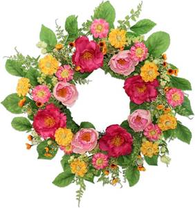 lot 1356 image: 22 Inch Artificial Spring Summer Wreaths for Front Door, Pink Rose Peony Floral Wreath Front Door with Berry Green Leaves Suitable for Spring and Summer for Wall Door Farmhouse Wedding Holiday Decor.