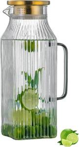 lot 1366 image: Buaic Square Glass Pitcher with Lid and Spout,68 oz2 Liter Vertical Stripes Water Pitcher for Fridge, Borosilicate Glass Water Carafe for Cold Brew, Coffee, Lemonade, Sun Tea,Heat Resistant