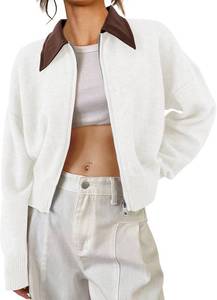 lot 1386 image: Saodimallsu Womens Zip Up Barn Jacket Cropped Faux Leather Collared Open Front Long Sleeve Fall Cardigan Sweaters SIZE S