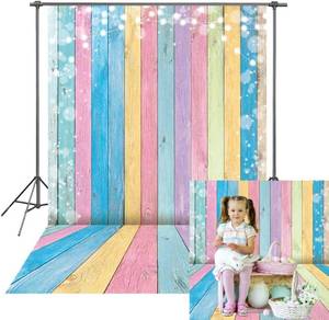 lot 1401 image: INRUI Colorful Wood Photography Backdrop Easter Pastel Colorful Wood Kids Birthday Baby Shower Party Decorations Banner (5x7FT)