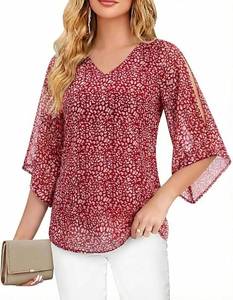 lot 1413 image: Uhiger 34 Length Sleeve Womens Tops V Neck Chiffon Blouse Dressy Casual Double Layered for Weekend Outings and Everyday Wear SIZE XL