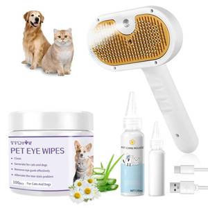 lot 1423 image: Pet Steam Brush for Dog & Cat   3-in-1 Spray Hair Removal Comb   Steam for Shedding & Grooming   Water Brush for Long & Short Haired Pets   Spritz Defur Comb   Includes Waterless Shampoo and Eye Wipes