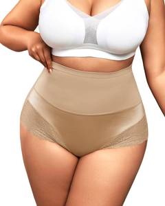 lot 1429 image: High Waisted Shapewear Panties for Women Plus Size Seamless Lace Briefs Tummy Control Underwear No Show Under Dresses Daily Wear Light Brown 1XL