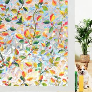 lot 1434 image: Window Privacy Film Stained Glass Rainbow Window Film with Installation Kits, 3D Static Cling Decorative Windows Decals, UV Blocking & Heat Control Non-Adhesive (Leaf, 17.5 x118)
