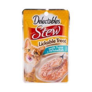 lot 1435 image: Delectables Stew with Tuna &amp White Fish Lickable Cat Treats - 1.4oz 12 Pouches