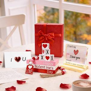 lot 1464 image: Perfect Valentines Day Table Decorations, Wood Stack with XOXO Signs Set (Gift Card, Box and Bag), Valentines Day Decor for Home Room Office Fireplace Kitchen Shelf Desk Centerpiece Tiered Tray