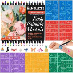 lot 1482 image: Temporary Tattoo Markers for Skin,Dual-End 16 Count Tattoo Pens(9 Classic7 Matte Colors) 100 Stencils,Body Markers Art for Adults Cosmetic-Grade
