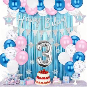 lot 1499 image: Snow Birthday Party Decorations with Blue Purple Ballons, Spiral Snowflake Decors, Happy Birthday Banner Fringe Curtain and More, Winter Wonderland Decorations