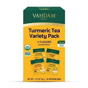 lot 1515 image: VAHDAM, USDA Organic Turmeric Herbal Tea Sampler (20 Tea Bags, 4 Flavors), Caffeine-Free, Gluten-Free Turmeric with Citrus, Ginger, Chamomile & Peppermint Tea Variety  Individually Wrapped