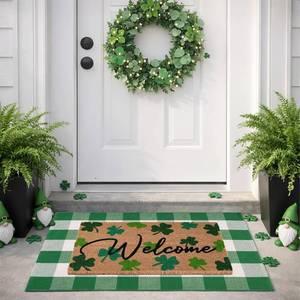 lot 1519 image: Spring Welcome Door Mats Combo Set, 100% Coco Coir Doormat with Welcome & Shamrock 28 x 43 Olive Green Plaid Rug, Front Porch Entryway Decor Indoor Outdoor Easter Mats
