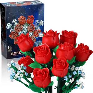 lot 1562 image: Red Rose Bouquet Building Set - DIY 648pcs Mini Block Kits for Adults & Kids, Artificial Flowers for Home Office Decor, Valentines Day Gifts for Her Him
