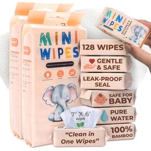 lot 1586 image: Travel Baby Wipes - Moist Up To 30 Days 16 Resealable Packs of 128, 100% Bamboo, Hypoallergenic, Fragrance & Alcohol-Free, Unscented, Wet Wipes Travel for Sensitive Skin (Sunset Elephant)