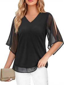 lot 1589 image: Uhiger 34 Length Sleeve Womens Tops V Neck Chiffon Blouse Dressy Casual Double Layered for Weekend Outings and Everyday Wear Size Large, Color Blue