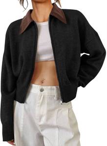 lot 1606 image: Saodimallsu Womens Zip Up Barn Jacket Cropped Faux Leather Collared Open Front Long Sleeve Fall Cardigan Sweaters Size XL