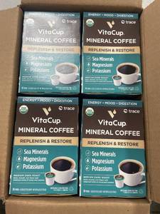 lot 1635 image: 4 Boxes VitaCup Mineral Coffee Organic Coffee Pods with Trace Minerals Medium Dark Roast 16ctEach