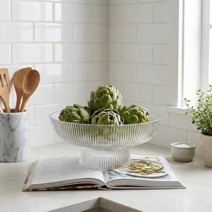 lot 1636 image: ZOOFOX Fruit Bowl for Kitchen Counter, Large Decorative Glass Bowls with Pedestal, Ribbed Pedestal Bowl for Fruit, Vegetable, Salad and Dessert, Key Bowls for Entry Table
