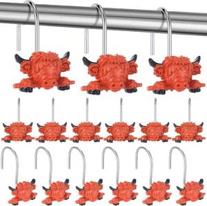 lot 1641 image: 12 Pcs Highland Cow Shower Curtain Hooks, Funny Western Shower Curtain Decorative Hooks Stainless Steel Rust Resistant Rings Hangers, Rustic Farmhouse Highland Cow Bathroom Decor