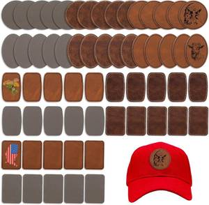lot 1653 image: 60Pcs Adhesive Leather Patches for Hats, Leather Hat Patches for Laser Engraving Heat Press, Rectangular Oval Round Square Leatherette Patch for Custom Design(KhakiGolden BrownGray)