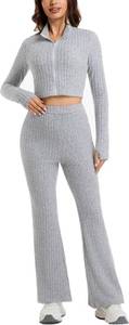 lot 1667 image: Womens 2 Piece Ribbed Knit Lounge Set Zip Up Crop Top High Waisted Flare Pants Cozy Fall Winter Matching Outfits SIZE XL, COLOR IS APRICOT