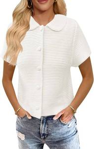 lot 1677 image: Saodimallsu Womens Short Sleeve Cropped Cardigans Casual Summer Button Down Collared Lightweight Loose Knit Sweater Top White Size XL