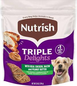lot 1683 image: Nutrish Triple Delights Premium Dog Treats for Dogs with Real Chicken, Bacon, and Peanut Butter, 28 oz. Pouch