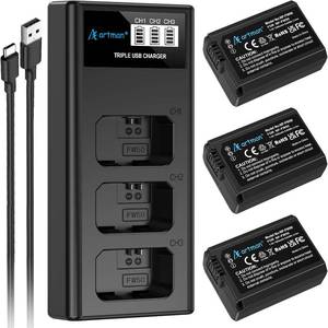 lot 1685 image: Artman NP-FW50 Battery 3-Pack and Upgraded 3-Slot ZV-E10 Battery LCD Charger for Sony ZV E10, Alpha A6500 A6400 A6300 A6000 A5100 A5000, A7S II, A7S, A7R II, A7R, A7 II, A7, RX10 II III IV Cameras