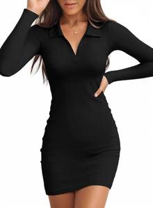 lot 1726 image: Valiamcep Womens Dress Long Sleeve V Neck Collared Ribbed Knit Bodycon Mini Pencil Dresses Size Medium