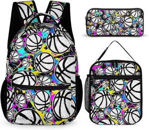 lot 1742 image: Basketball Backpack with Lunch Box & Pencil Case, 16 Inch Cool Basketball Themed Bookbag, Adjustable Lightweight Large Capacity, Colorful Sport Ball Backpack Set for Kids Girls Boys School