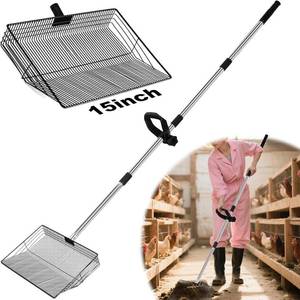 lot 1759 image: 15 Large Chicken Coop Scooper for Sand - Heavy Duty Stainless Steel Poop Scooper with 38-64 Telescoping Handle - Adjustable Poultry Manure Rake & Sifter Shovel for Easy Cleaning
