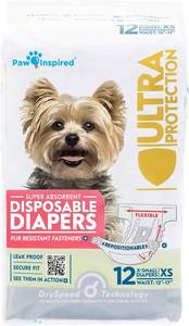 lot 1813 image: Paw Inspired Disposable Dog Diapers  Female Dog Diapers Ultra Protection  Diapers for Dogs in Heat, Excitable Urination, or Incontinence (12&144 Count) (X-Small (12 Count))