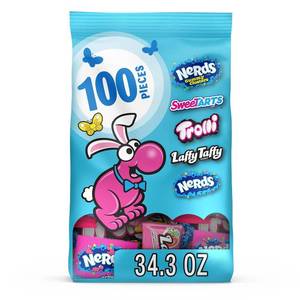 lot 1857 image: Nerds Easter Core Winners Basket Filler Variety Bag, NERDS Gummy Clusters, SweeTARTS, Trolli, Laffy Taffy, and NERDS Original, 34.3 oz, 100 Count