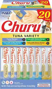 lot 1882 image: INABA Churu Cat Treats, Lickable, Squeezable Creamy Pur e Cat Treat with Green Tea Extract & Taurine, 0.5 Ounces Each Tube, 20 Tubes, Tuna Variety Box