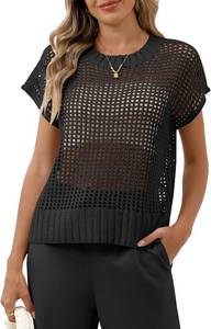 lot 1887 image: Women Summer Short Sleeve Crochet Sheer Knit Sweater Top Beach Cover Up Hollow Out Sexy See Through T-Shirts SIZE M