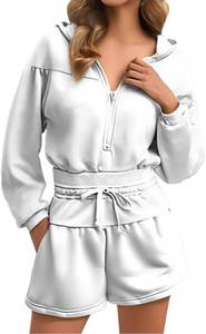 lot 1929 image: sanctfole Shorts Sets Women 2 piece Half Zip Long Sleeve Hoodies Casua Workout Sets Drawstring Waist Travel Outfits SIZE L