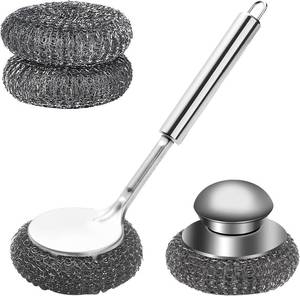 lot 1942 image: Steel Wool Scrubber with Handle, Stainless Steel Pan Cleaner Scrubber with Long Short Handle Cleaning Brush Metal Scrubber with Replacement, Steel Scrubber for Dishes Tableware Home Kitchen