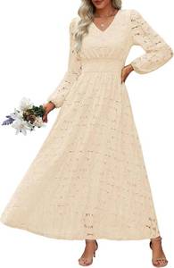 lot 1955 image: Womens Long Puff Sleeve Floral Maxi Dress V Neck Lace Eyelet Hollow Out A Line Flowy Boho Spring Wedding Guest Party Dresses SIZE S