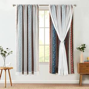 lot 1972 image: VOGOL Vintage Style Boho Curtains, Colorful Striped Print Semi Sheer Drapes for Living Room, Light Filtering Rod Pocket Window Curtain with Sheer Overlay, 1 Panel, 52 x 63