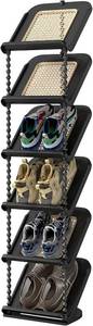 lot 1994 image: Funecy Retro Rattan Vertical Shoe Rack, Free Standing Shoe Storage Cabinet, Small Shoe Rack, Storage Rack, Suitable for Small Spaces and Narrow Spaces (Black, 6-Tier)