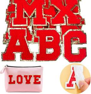 lot 2014 image: Jongdari Chenille Letter Patches Self-Adhesive & Iron-On Letters, 52pcs Varsity Fuzzy Patch Glitter Alphabet - 52pcs, Red