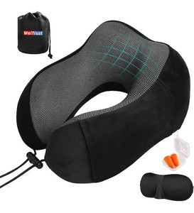 lot 2037 image: Airplane Pillow, Travel Neck Pillow with Memory Foam - Adjustable Buckle & Machine Washable Cover for Flights, Car, Office - Includes Eye Mask & Ear Plugs(Black)