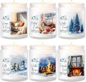 lot 2054 image: Winter Candle Set  6 Pack Christmas Scented Candles for Home - Holiday Soy Candle Gift Set for Women Men, Aromatherapy Candles Scents of Hello WinterForestCiderWarmFiresideBonfire