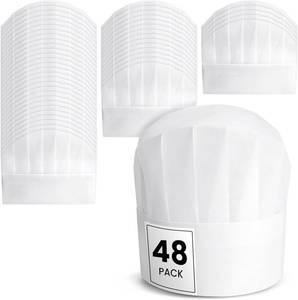 lot 2066 image: Juvale Paper Chef Hats for Kids & Adults, 48-Pack Disposable Adjustable White Chef Hats for Baking, Cooking, Pizza, and Hibachi Party Decorations, Tall Paper Baker Hats for Kitchen & Events