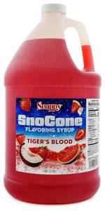 lot 2072 image: Snappy Tigers Blood Sno Cone Syrup, 1 Gallon (128 ounces) Size, Ready to Use For Snow Cone Machines, Flavored Syrup for Shaved Ice, 14 Snow Cone Flavor Options