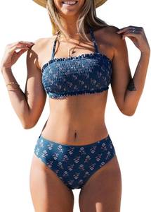 lot 2097 image: CUPSHE Bikini Set for Women Two Piece Swimsuit Bandeau Top Back Tie Mid Waisted Bottom with Removable Shoulder Straps, small