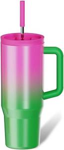 lot 2107 image: 40 oz Tumbler with Handle & Straw Lid   Insulated Stainless Steel Water Bottle, Leakproof Travel Mug   Fits Cup Holder   HotCold Drink Thermos   Ideal Gift for Men & Women (Green and Pink)