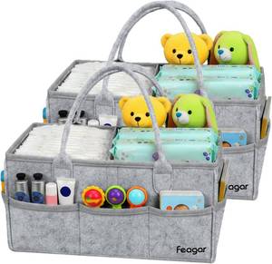 lot 2119 image: Feagar Baby Diaper Caddy Organizer, 15 Inch Large 2 Pack Set with 8 Pockets & 2 Dividers, Portable Nursery Storage Basket & Car Organizer for Changing Table, Travel (Grey)