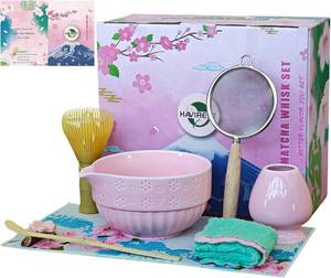 lot 2170 image: HAVIREST 8 pcs Matcha Whisk Set, Ceramic Bowl and Whisk Stand Spoon Holder Sifter Mat Towel, Japanese Ceremonial Grade Macha Tea Tools Kit, Gift for Women Match Starter Lover (Pink)