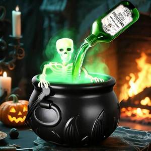 lot 2181 image: Large Cauldron Halloween Decor with Skeleton, Magic Floating Potion Bottles & Fog Diffuser - Halloween Decorations Indoor- Black Witches Cauldron Bowl Hocus Pocus Decor for Home Room Kitchen Decor