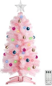lot 2218 image: 3 Ft Pink Christmas Tree with 12 Modes Timer 50 LED Four Color & Warm Lights DIY 15 Ball Ornaments 3D Star Artificial Xmas Tree for Indoor Home Holiday Party Decoration